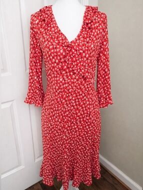 Boden Michaela Jersey Ruffle 3/4 Sleeve Dress in Rosehip Daisy Ditsy US Size 8